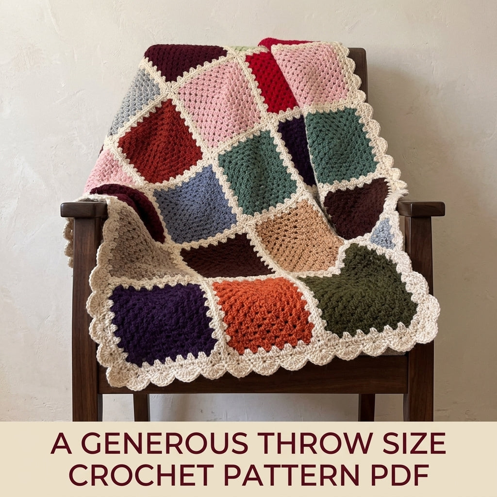 Cream Frame Granny Square Blanket Crochet Pattern PDF – Solid Square Throw with Scalloped Border