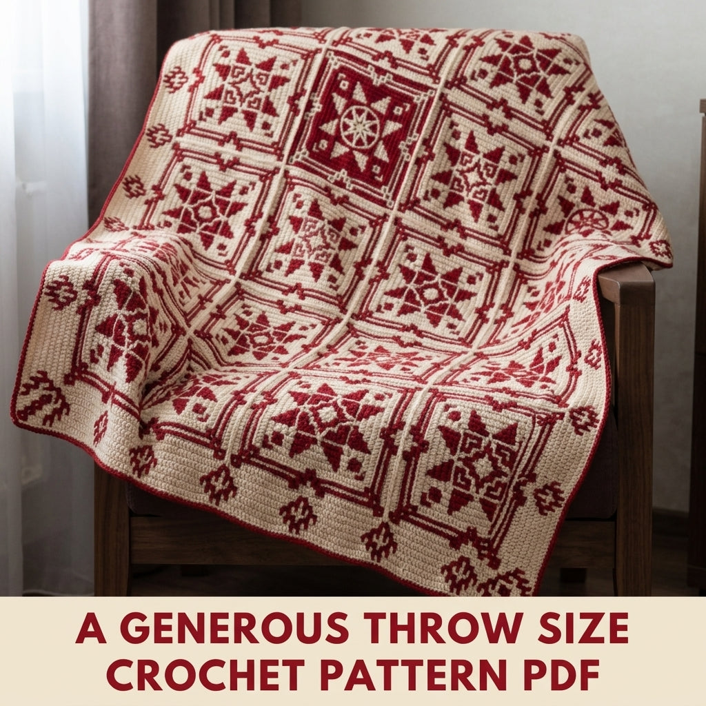 Red Star Mosaic Square Blanket Crochet Pattern PDF – Two-Colour Star Throw