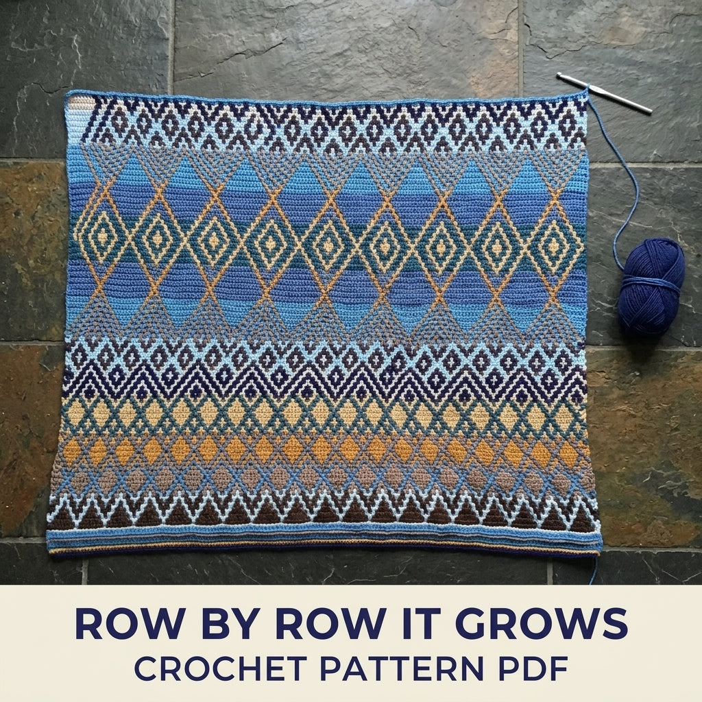 Blue Diamond Mosaic Crochet Blanket Pattern PDF – Geometric Throw in Blue and Mustard