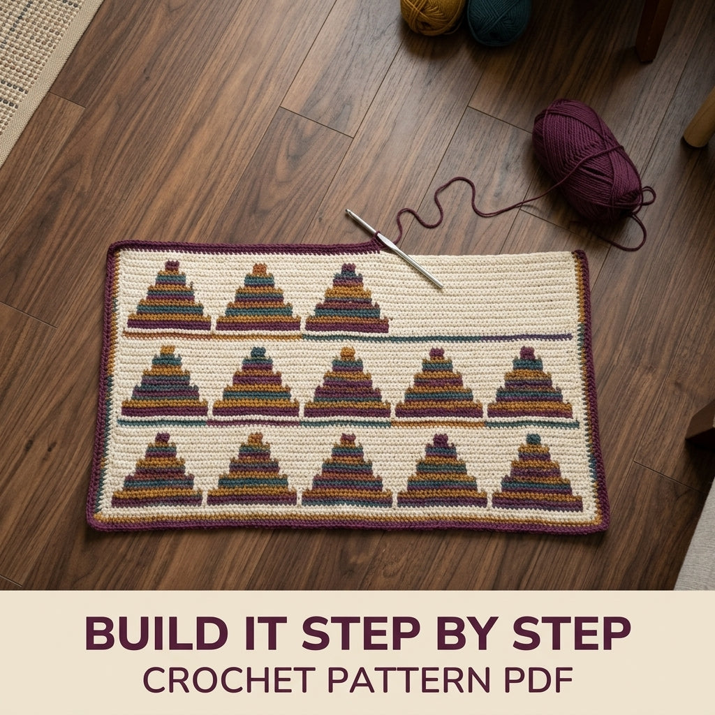 Stepped Pyramid Mosaic Crochet Blanket Pattern PDF – Striped Triangle Throw in Plum, Mustard and Teal