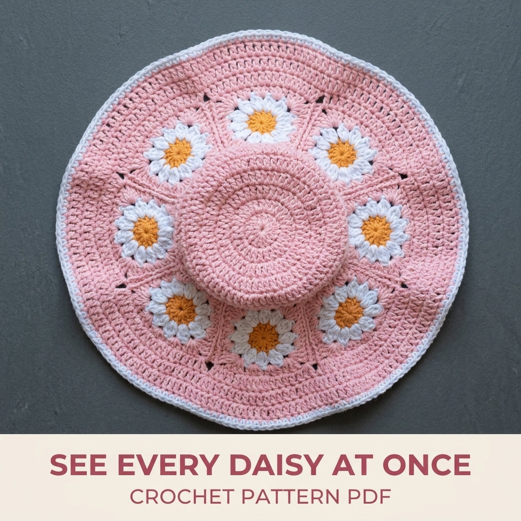 Pink Daisy Granny Bucket Hat Crochet Pattern PDF – Granny Square Sun Hat with Flowers