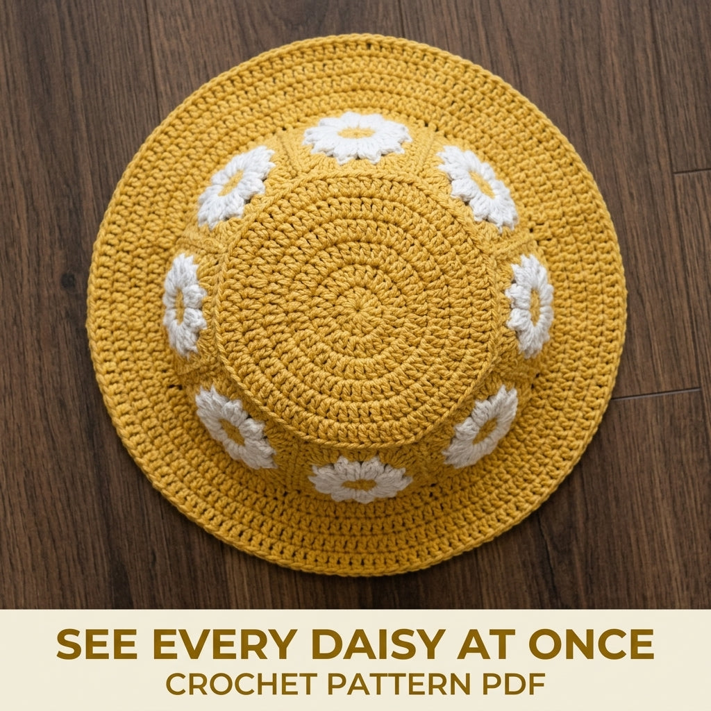 Mustard Daisy Granny Bucket Hat Crochet Pattern PDF – Granny Square Flower Sun Hat