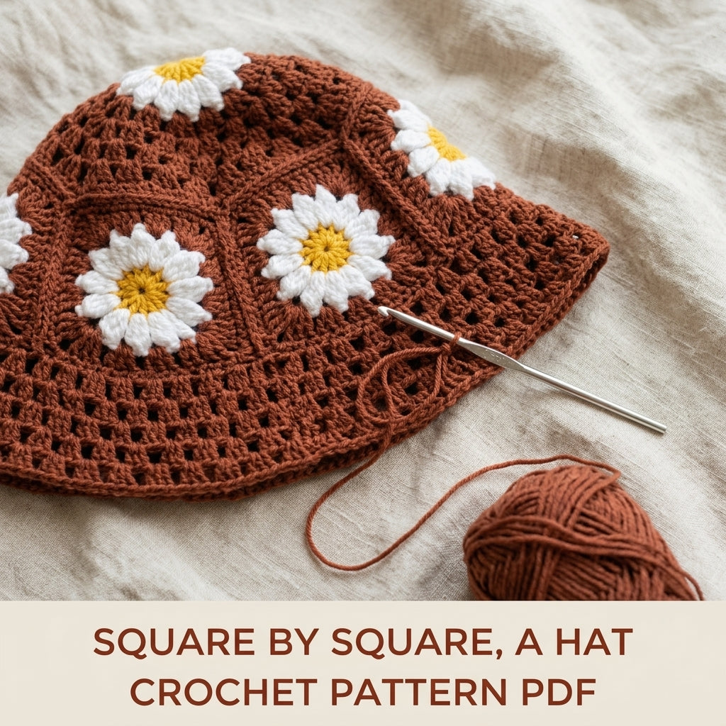 Daisy Granny Bucket Hat Crochet Pattern PDF – Granny Square Sun Hat with Flowers