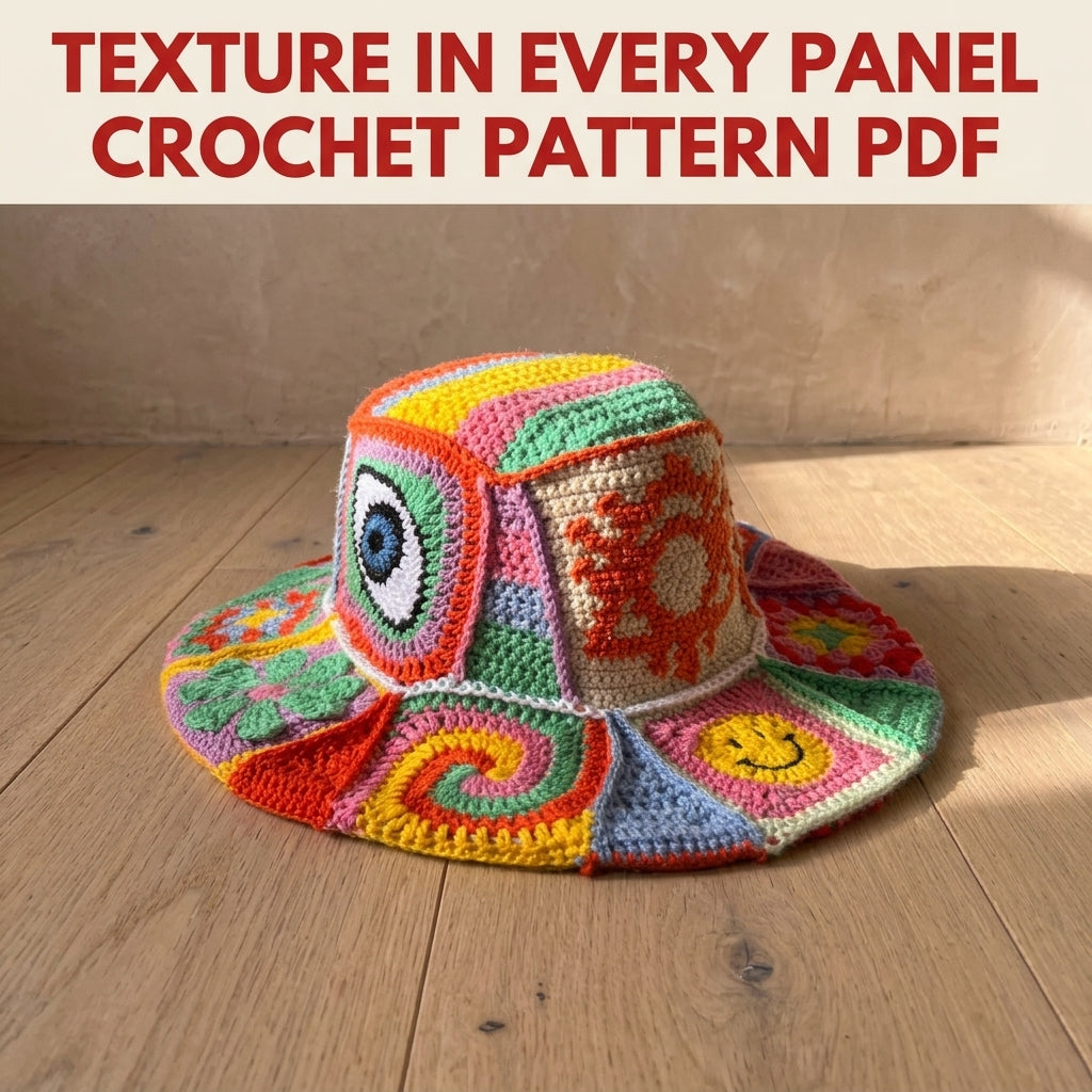 Patchwork Bucket Hat Crochet Pattern PDF – Motif Panels with Smiley and Evil Eye