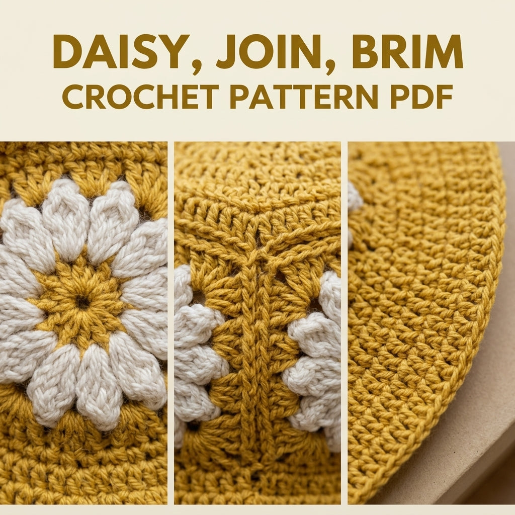 Mustard Daisy Granny Bucket Hat Crochet Pattern PDF – Granny Square Flower Sun Hat