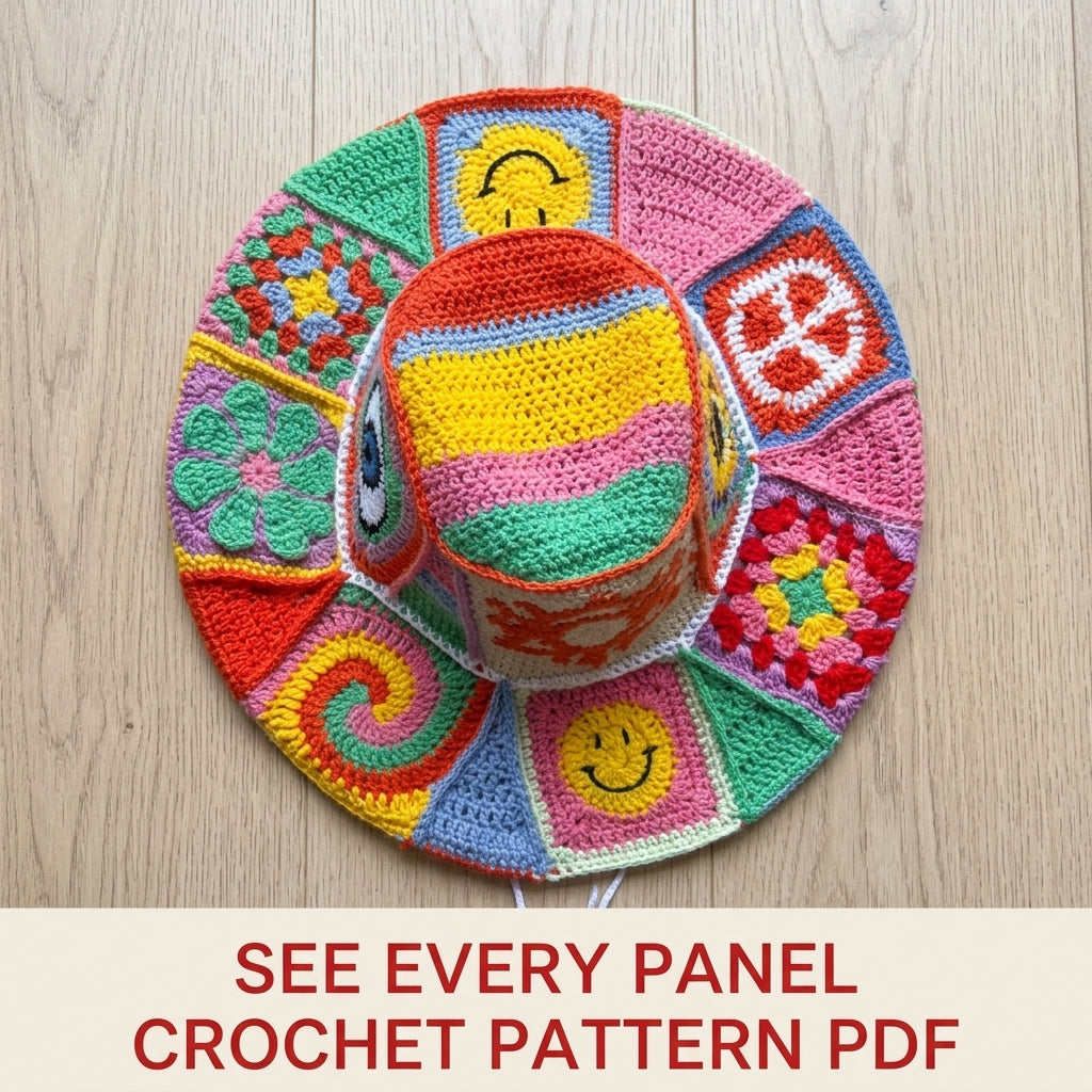 Patchwork Bucket Hat Crochet Pattern PDF – Motif Panels with Smiley and Evil Eye
