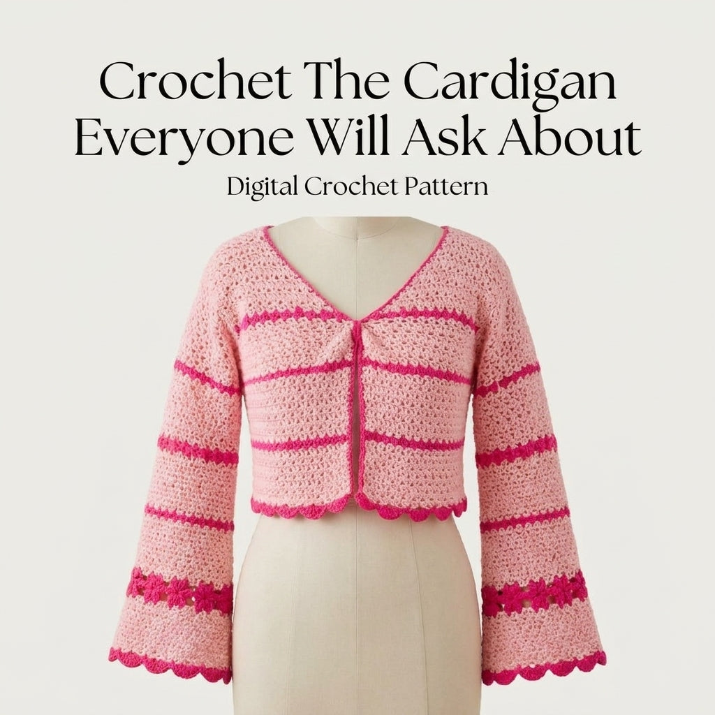 Striped Crochet Cardigan Pattern | Cropped Bolero with Flared Bell Sleeves | Picot Edging | Sizes XS–[XX] | PDF Instant Download