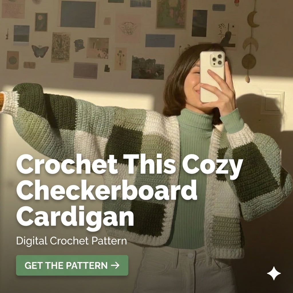 Checkerboard Crochet Cardigan Pattern | Cropped Colour Block Cardigan in Green & Cream | Sizes XS–[XX] | PDF Instant Download