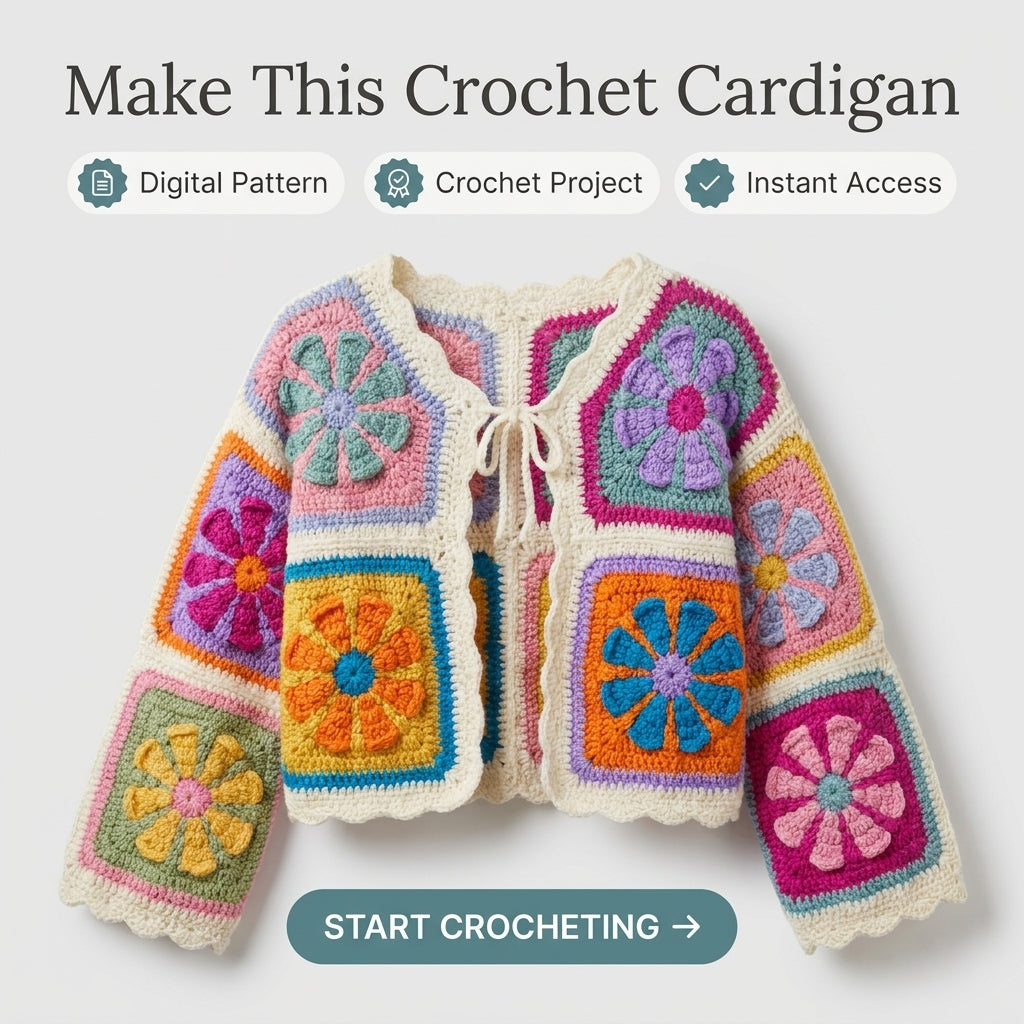 Floral Granny Square Cardigan Crochet Pattern | Cropped Patchwork Cardigan with Cream Border | Sizes XS–[XX] | PDF Instant Download