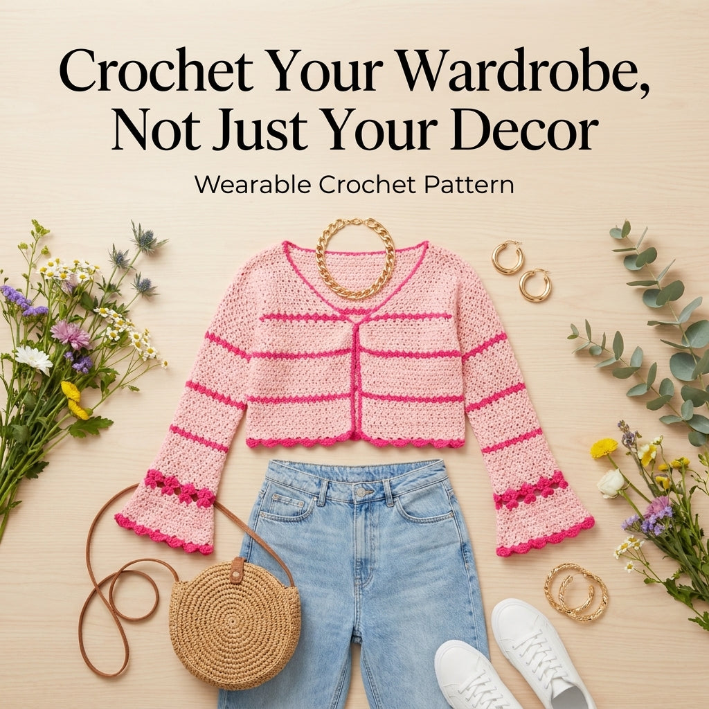 Striped Crochet Cardigan Pattern | Cropped Bolero with Flared Bell Sleeves | Picot Edging | Sizes XS–[XX] | PDF Instant Download