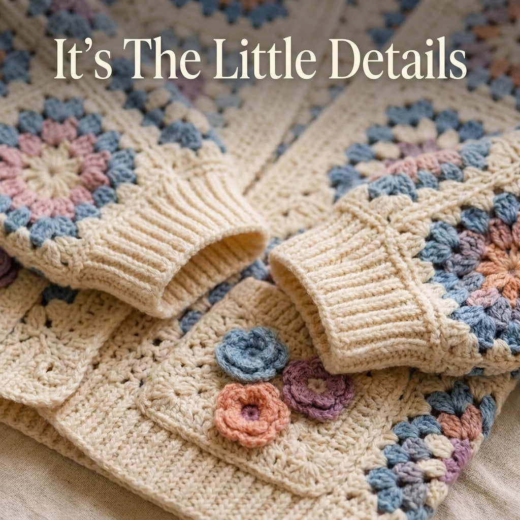 Granny Square Cardigan Crochet Pattern — Cream Boho Cardigan with Pockets and 3D Flowers, Sizes XS–3XL, US Terms, PDF Download