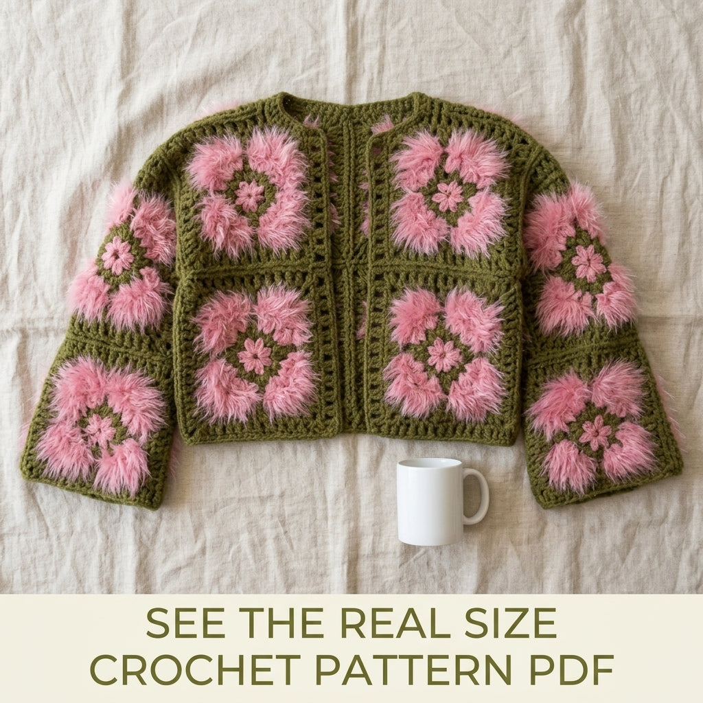 Fluffy Flower Granny Cardigan Crochet Pattern PDF – Boxy Granny Square Jacket
