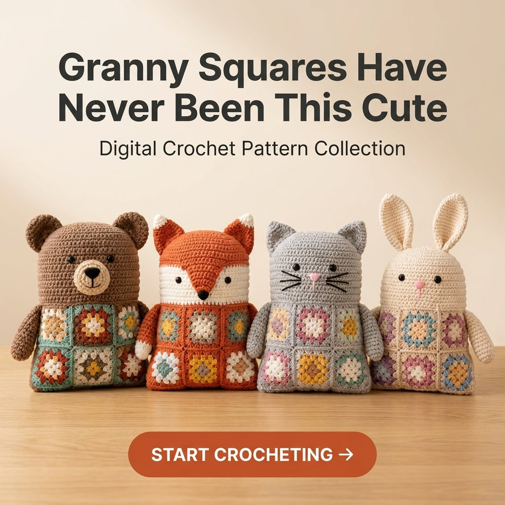 Granny Square Animal Cushion Crochet Pattern — Bear, Fox, Cat and Bunny, 4 Patterns in 1, US Terms, PDF Download