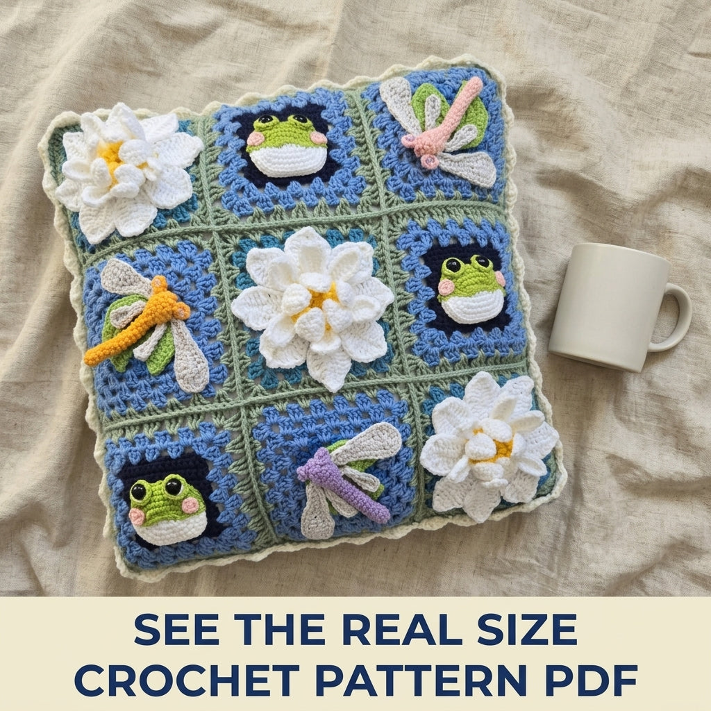 Lily Pond Granny Square Cushion Crochet Pattern PDF – Frogs, Dragonflies and Water Lilies