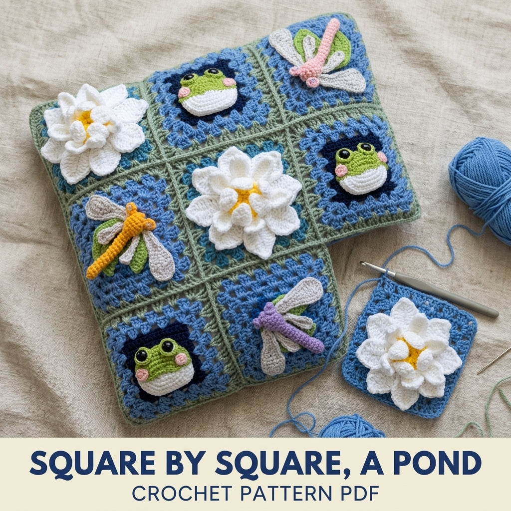 Lily Pond Granny Square Cushion Crochet Pattern PDF – Frogs, Dragonflies and Water Lilies