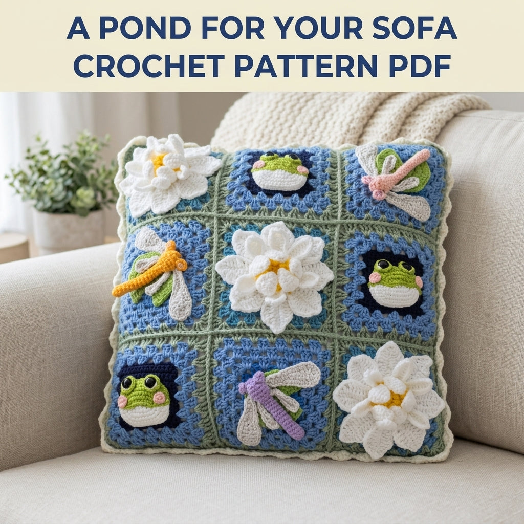 Lily Pond Granny Square Cushion Crochet Pattern PDF – Frogs, Dragonflies and Water Lilies