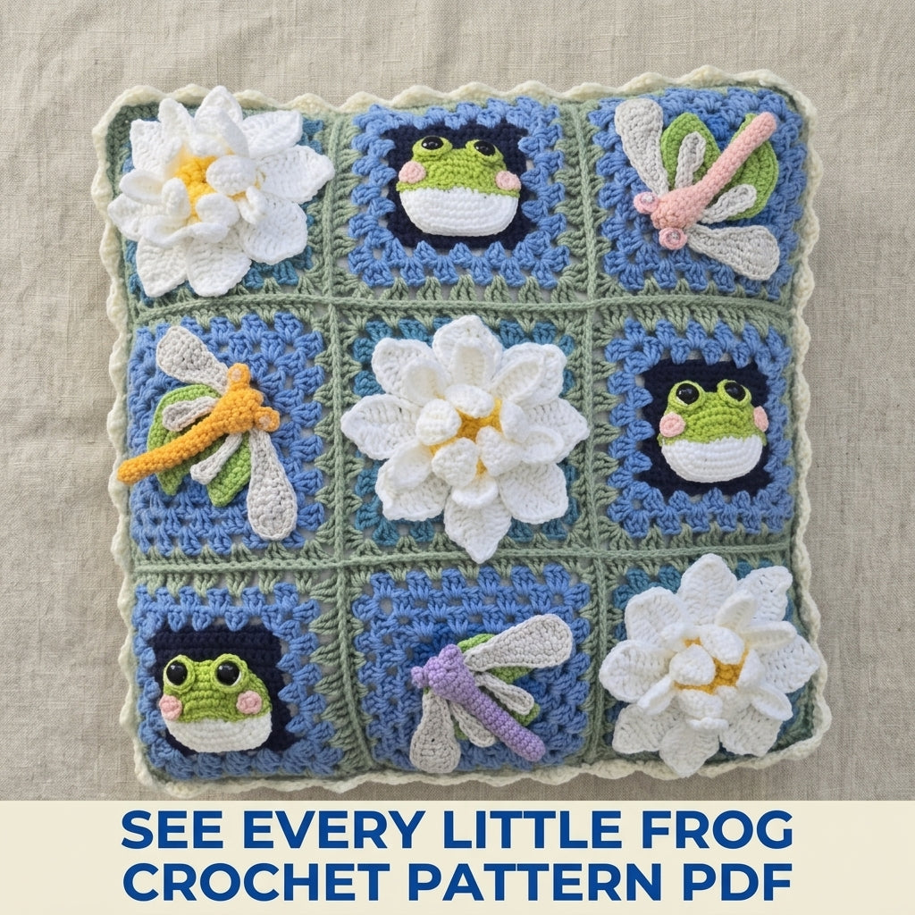 Lily Pond Granny Square Cushion Crochet Pattern PDF – Frogs, Dragonflies and Water Lilies