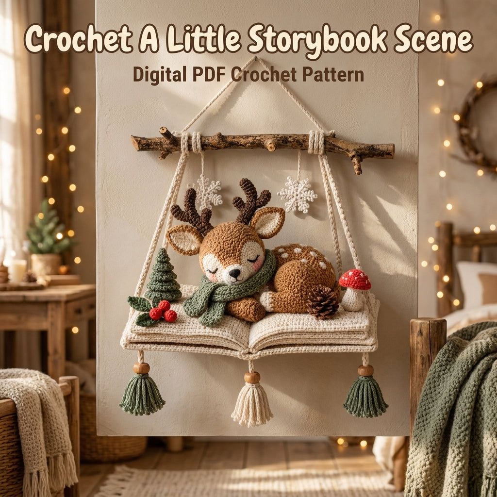 Christmas Wall Hanging Crochet Pattern — Sleeping Deer Scene on an Open Book with Tassels, US Terms, PDF Download
