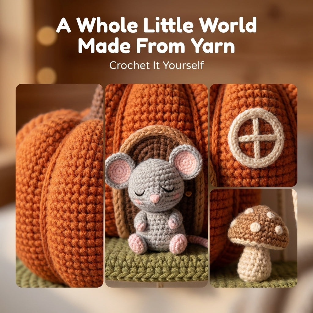 Crochet Pumpkin House Wall Hanging Pattern – Sleeping Mouse on a Mossy Shelf