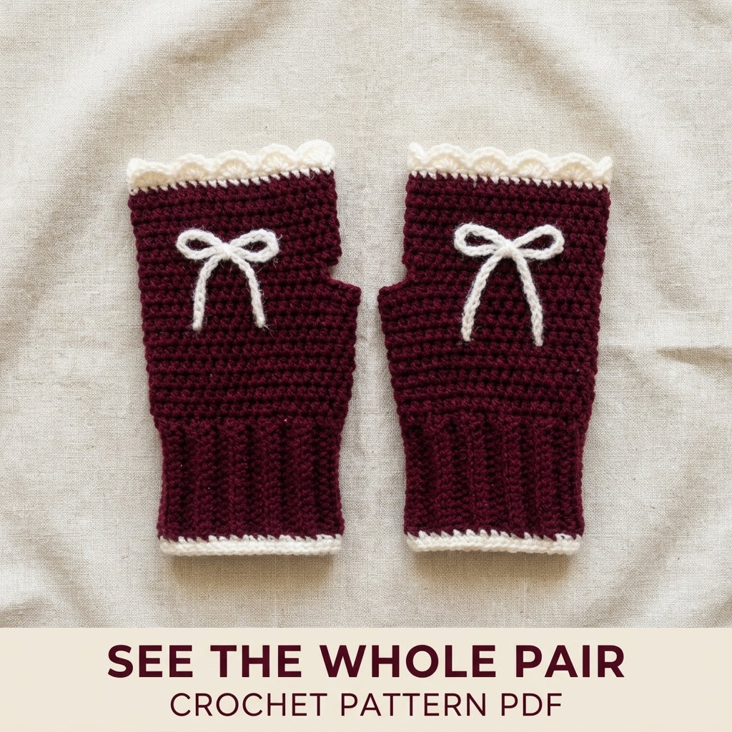 Bow Fingerless Gloves Crochet Pattern PDF – Burgundy Wrist Warmers with Scalloped Trim