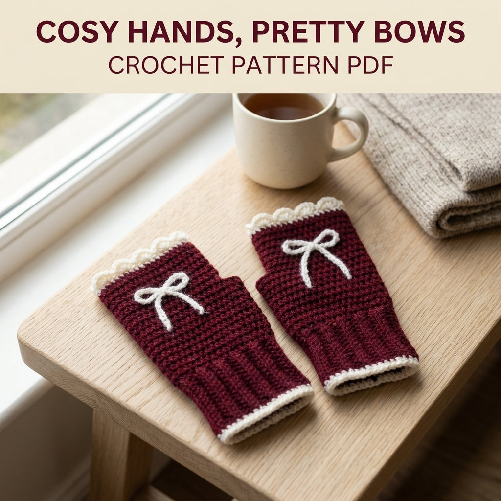 Bow Fingerless Gloves Crochet Pattern PDF – Burgundy Wrist Warmers with Scalloped Trim