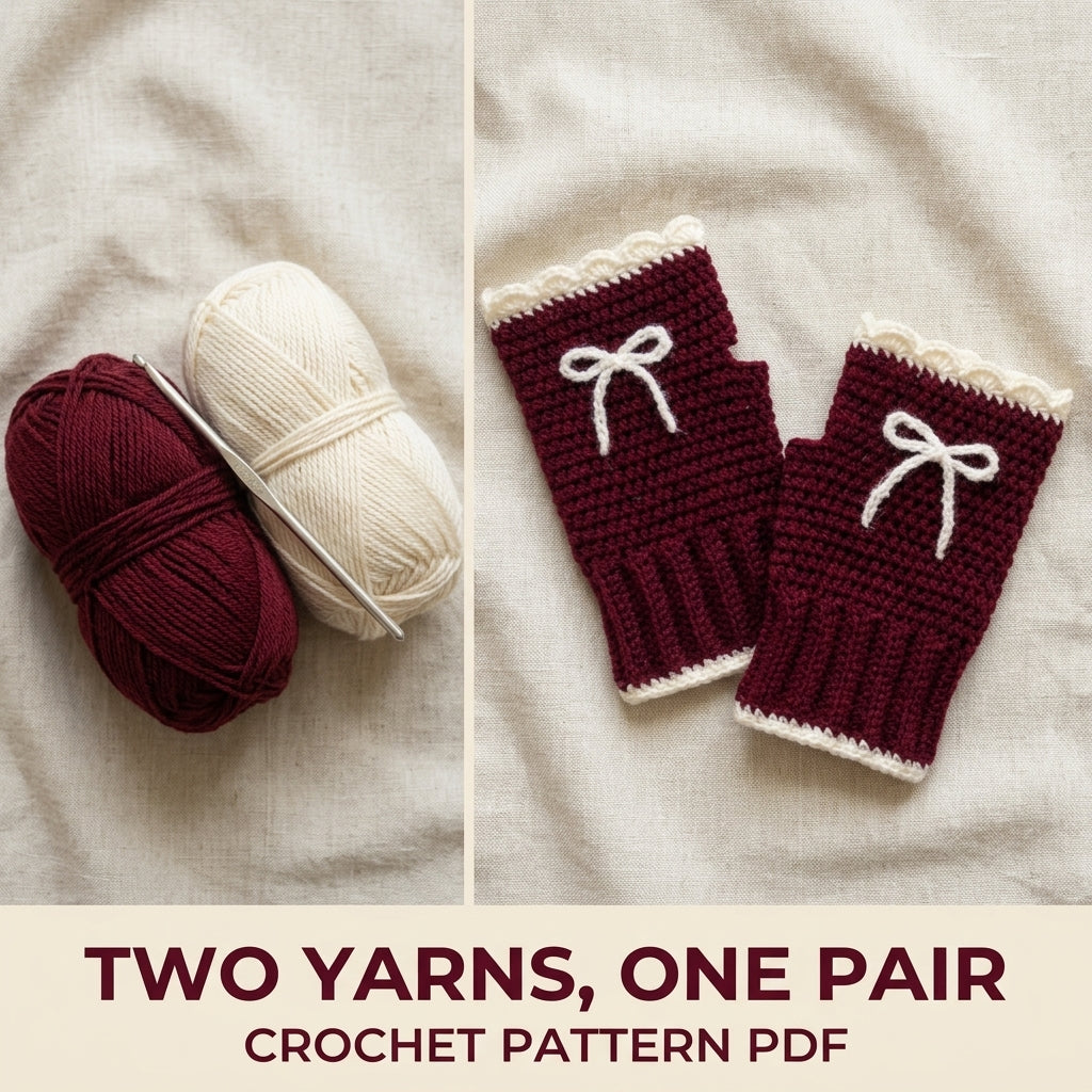 Bow Fingerless Gloves Crochet Pattern PDF – Burgundy Wrist Warmers with Scalloped Trim