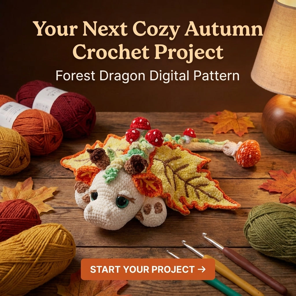 Autumn Leaf Dragon Crochet Pattern | Amigurumi Dragon with Leaf Wings & Mushrooms | Velvet Yarn Plush | PDF Instant Download