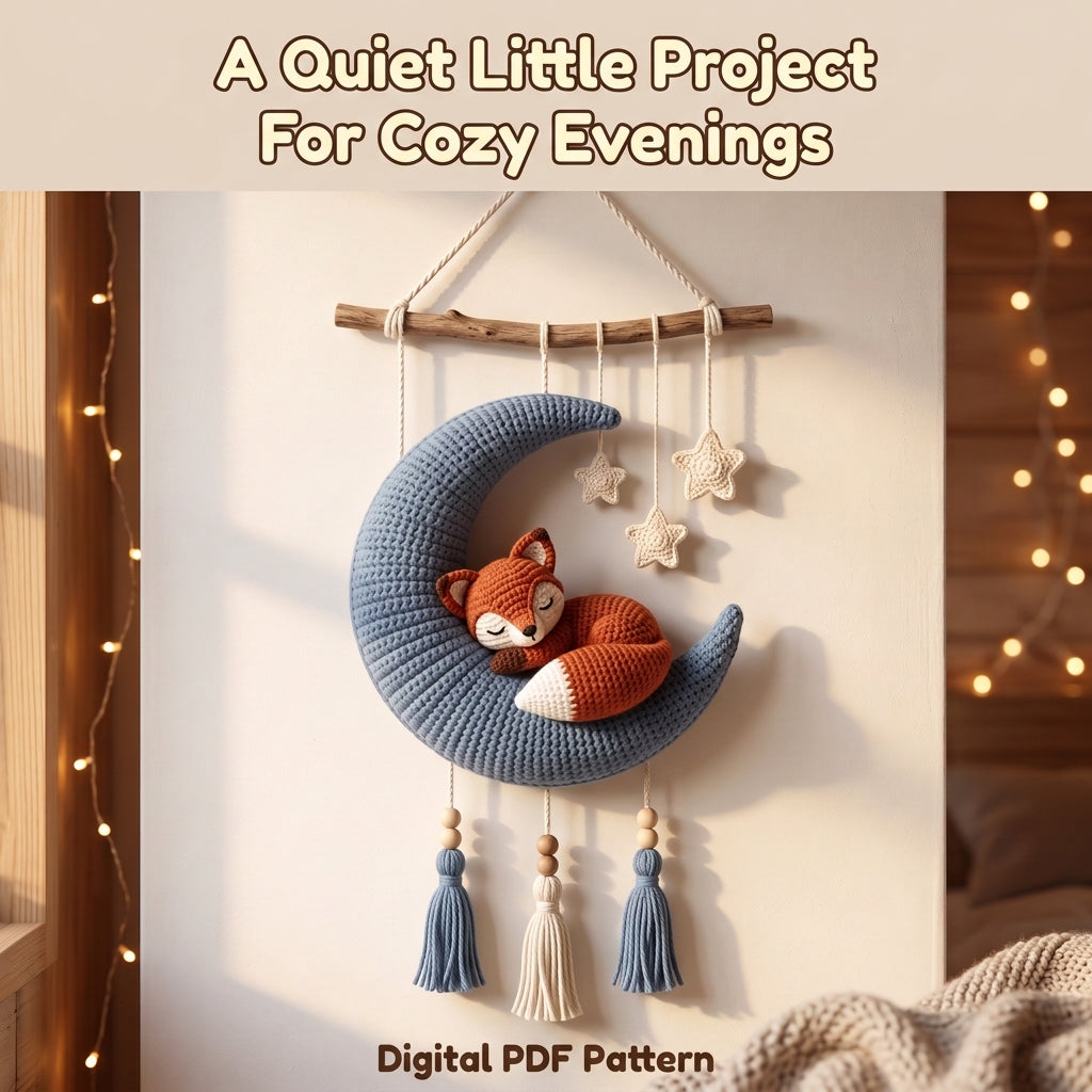 Crochet Moon Wall Hanging Pattern – Sleeping Fox on a Crescent Moon, Nursery Décor