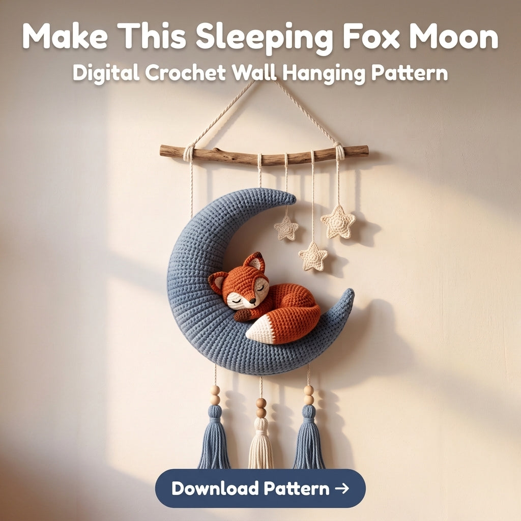 Crochet Moon Wall Hanging Pattern – Sleeping Fox on a Crescent Moon, Nursery Décor