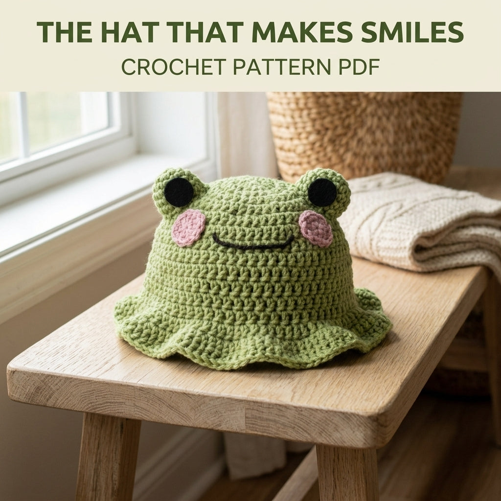Frog Bucket Hat Crochet Pattern PDF – Cute Frog Face Hat with Ruffle Brim