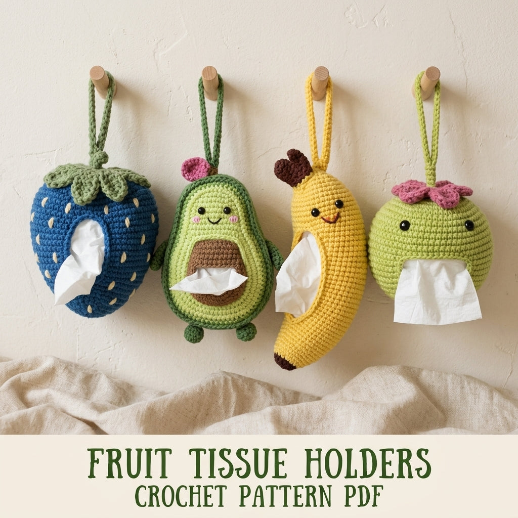 Fruit Car Tissue Holder Crochet Pattern PDF – Avocado Banana Strawberry Set