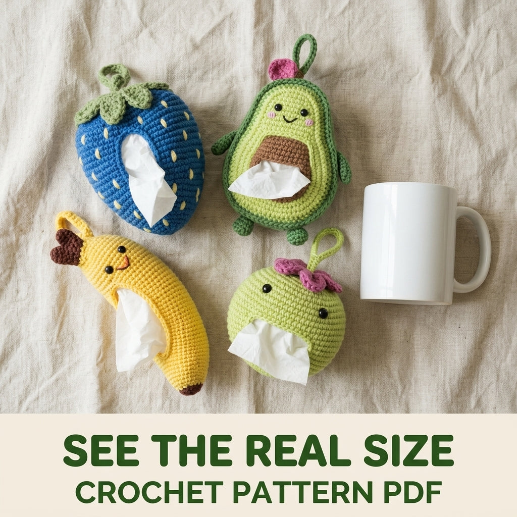 Fruit Car Tissue Holder Crochet Pattern PDF – Avocado Banana Strawberry Set