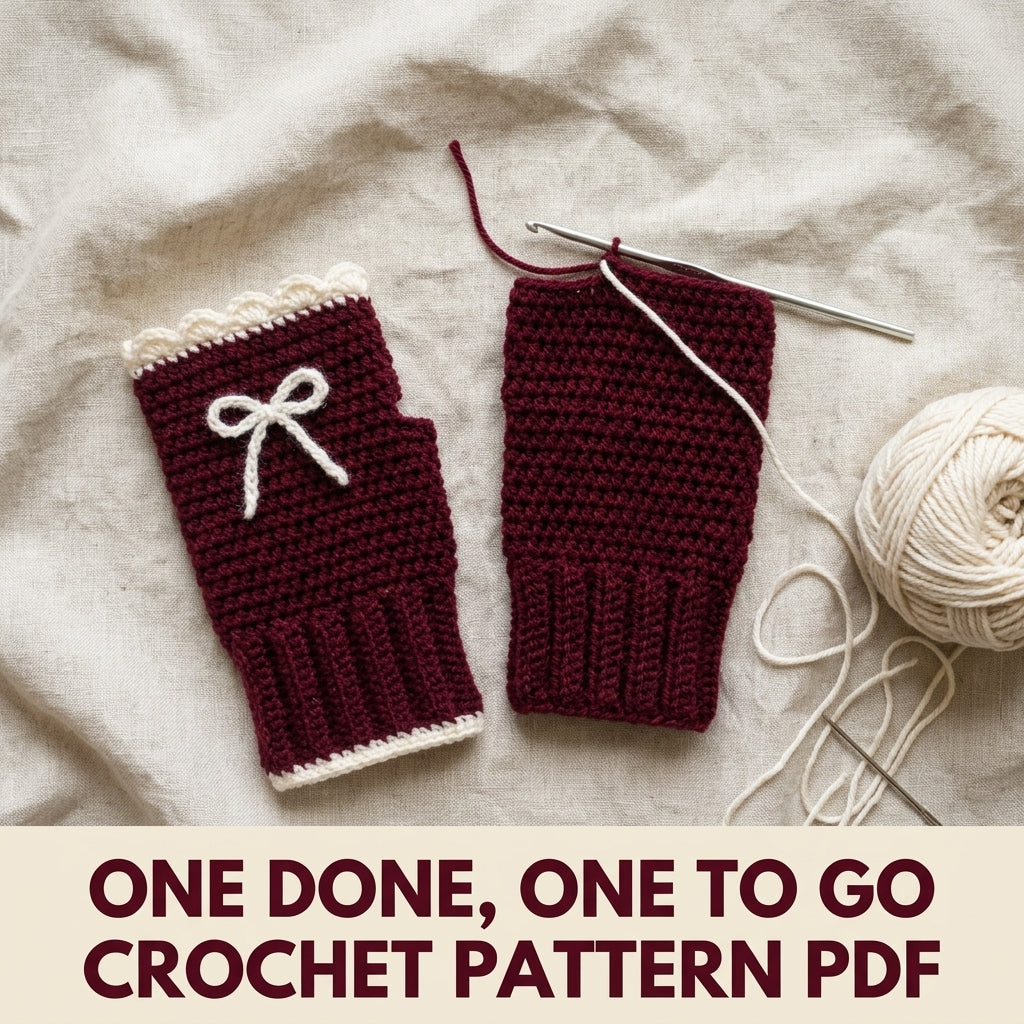 Bow Fingerless Gloves Crochet Pattern PDF – Burgundy Wrist Warmers with Scalloped Trim