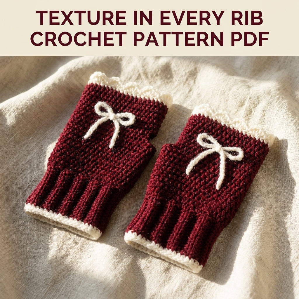 Bow Fingerless Gloves Crochet Pattern PDF – Burgundy Wrist Warmers with Scalloped Trim
