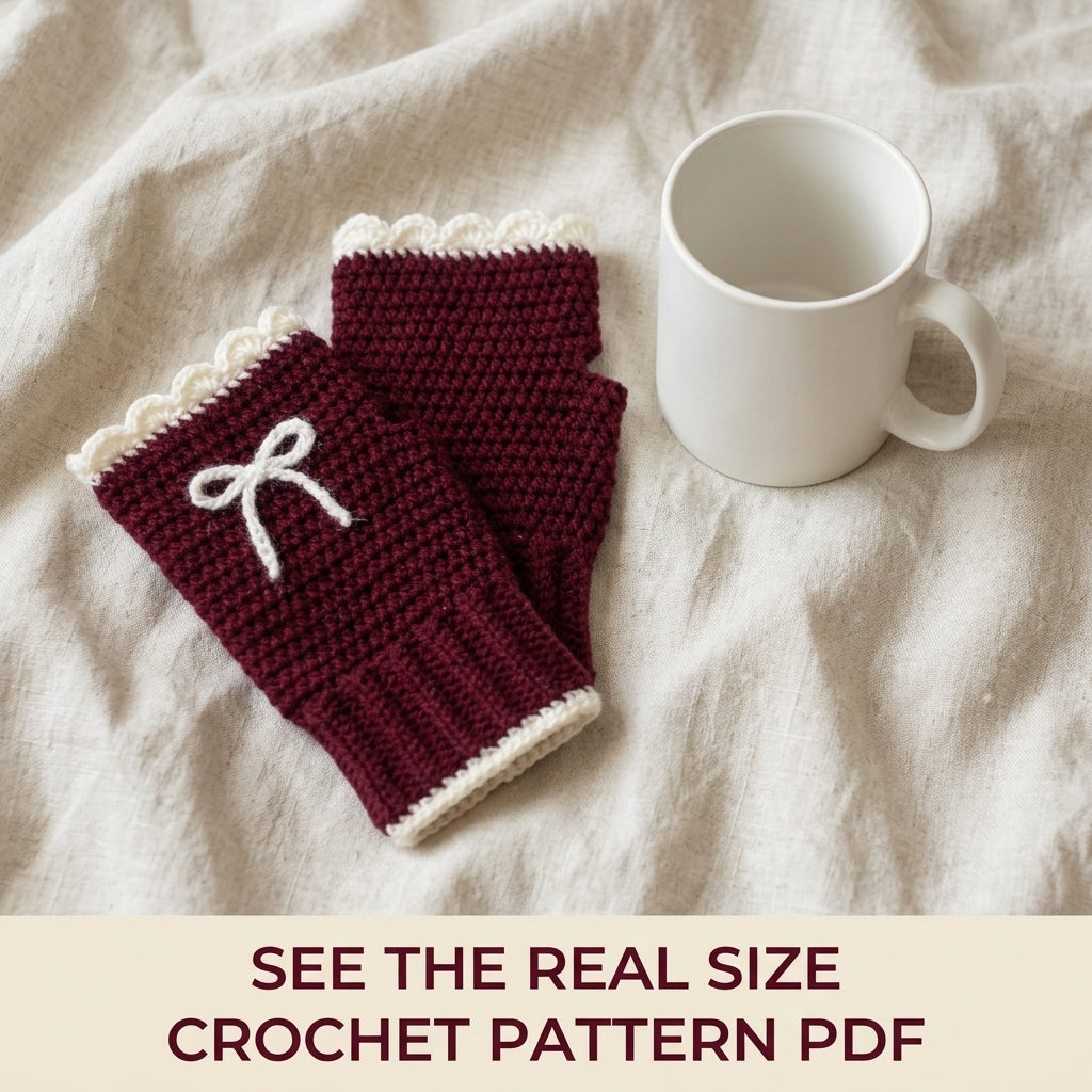 Bow Fingerless Gloves Crochet Pattern PDF – Burgundy Wrist Warmers with Scalloped Trim