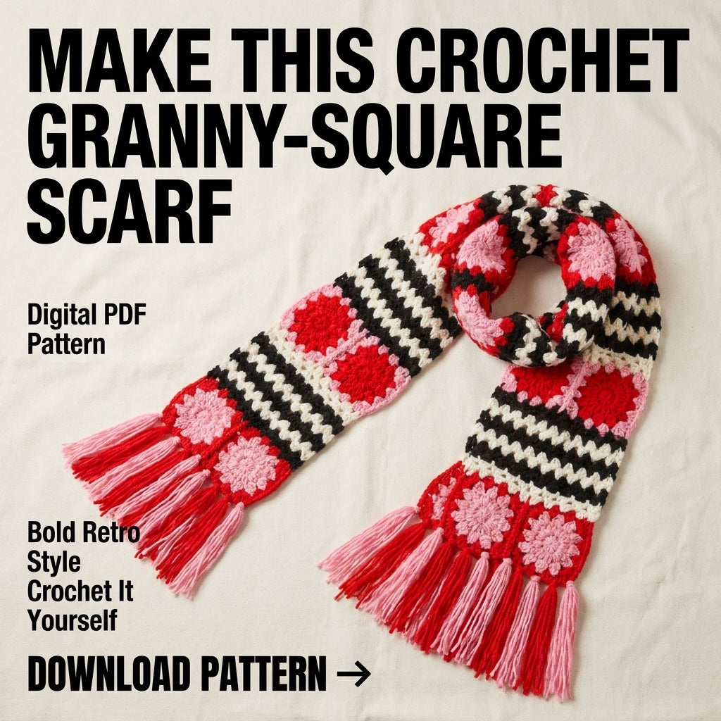 Granny Square Scarf Crochet Pattern | Flower Squares & Striped Panels with Fringe | Oversized Winter Scarf | PDF Instant Download