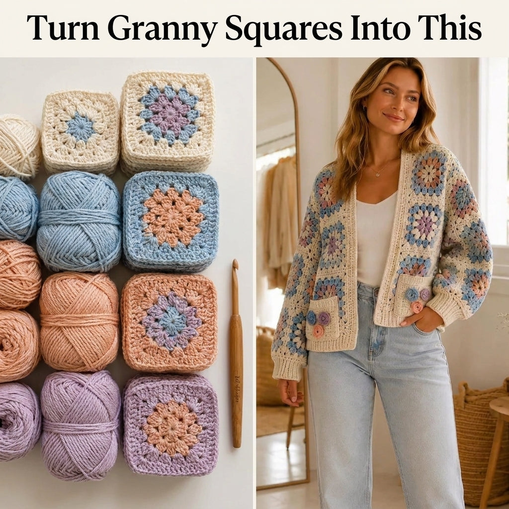 Granny Square Cardigan Crochet Pattern — Cream Boho Cardigan with Pockets and 3D Flowers, Sizes XS–3XL, US Terms, PDF Download