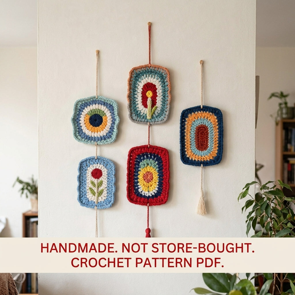 Folk Colour Panel Wall Hangings Crochet Pattern PDF – Scrap Yarn Wall Gallery