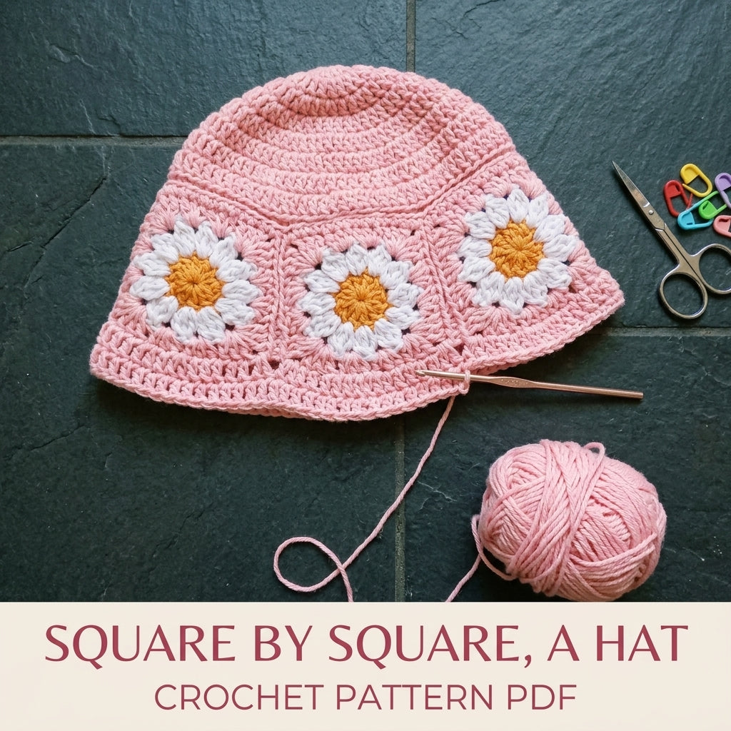 Pink Daisy Granny Bucket Hat Crochet Pattern PDF – Granny Square Sun Hat with Flowers