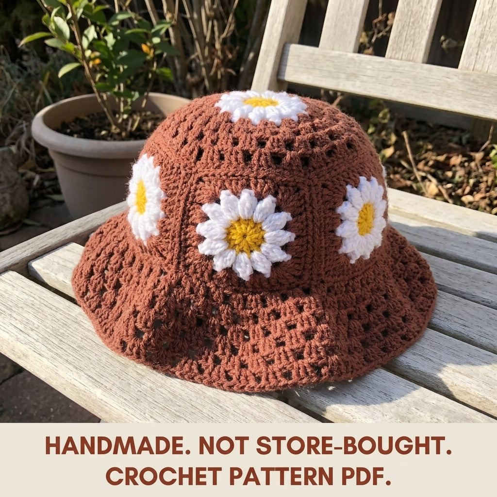 Daisy Granny Bucket Hat Crochet Pattern PDF – Granny Square Sun Hat with Flowers
