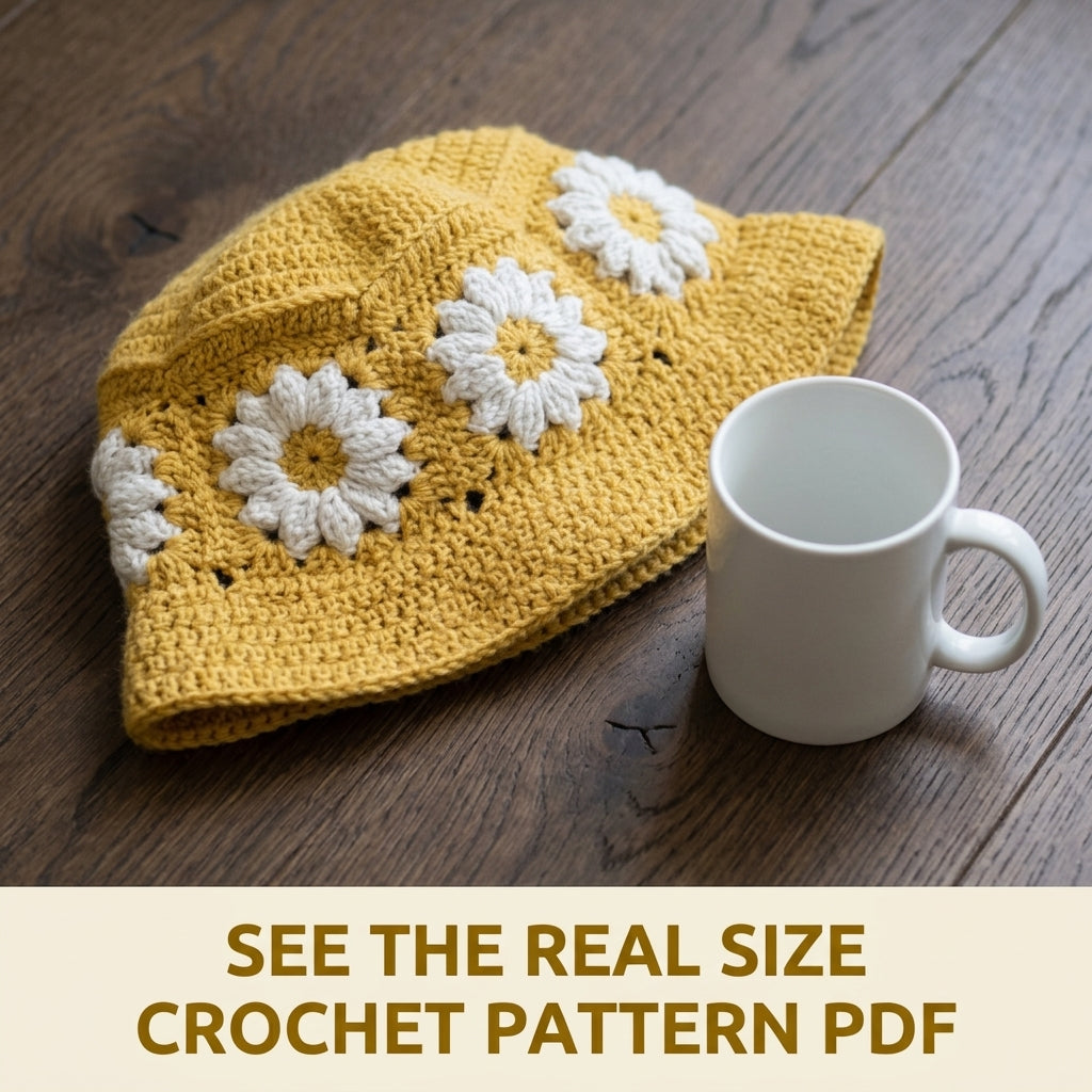 Mustard Daisy Granny Bucket Hat Crochet Pattern PDF – Granny Square Flower Sun Hat