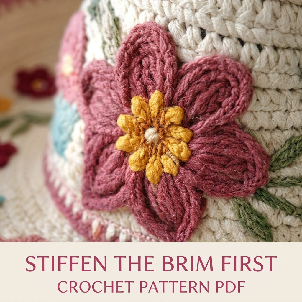 Embroidered Flower Sun Hat Crochet Pattern PDF – Wide Brim Hat with Embroidered Flowers