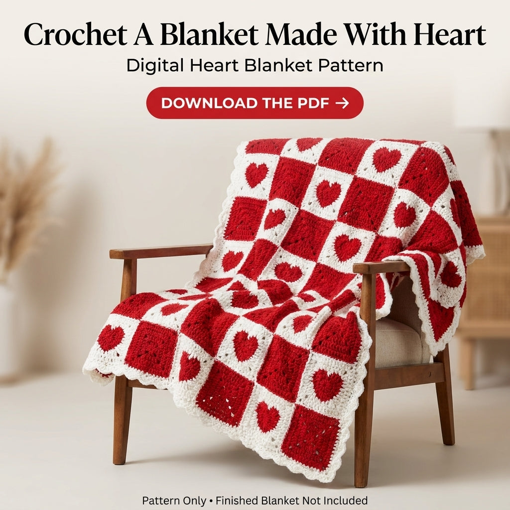 Heart Granny Square Blanket Crochet Pattern – Red & White Valentine Throw