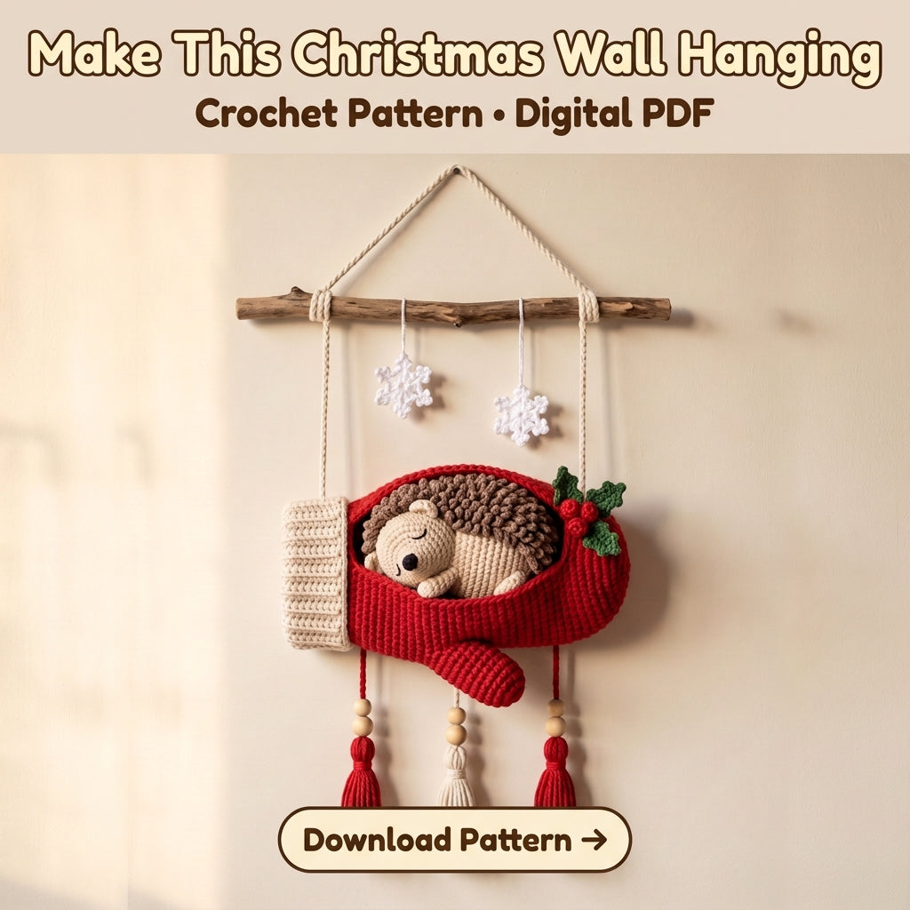 Crochet Mitten Wall Hanging Pattern – Sleeping Hedgehog in a Cozy Red Mitten