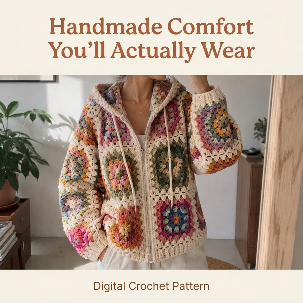 Granny Square Hoodie Crochet Pattern — Zip-Up Hooded Jacket in Cream, Sizes XS–3XL, US Terms, PDF Download