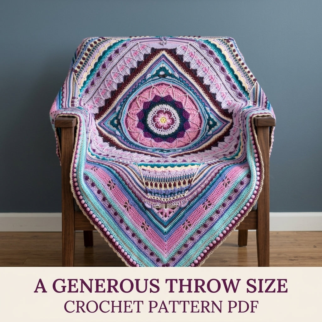 Lilac Diamond Mandala Blanket Crochet Pattern PDF – Textured Square on Point Throw