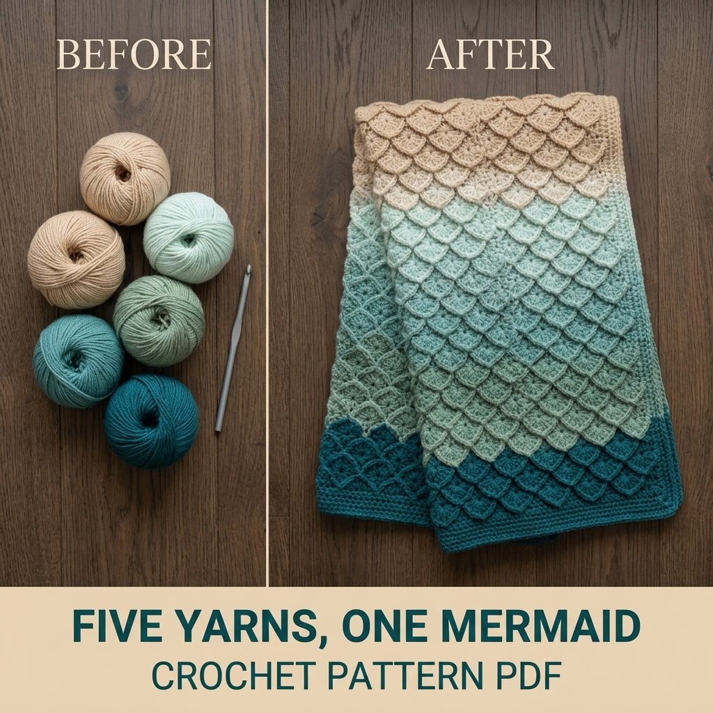 Mermaid Scale Crochet Blanket Pattern PDF – Textured 3D Scales Throw in Teal and Sand