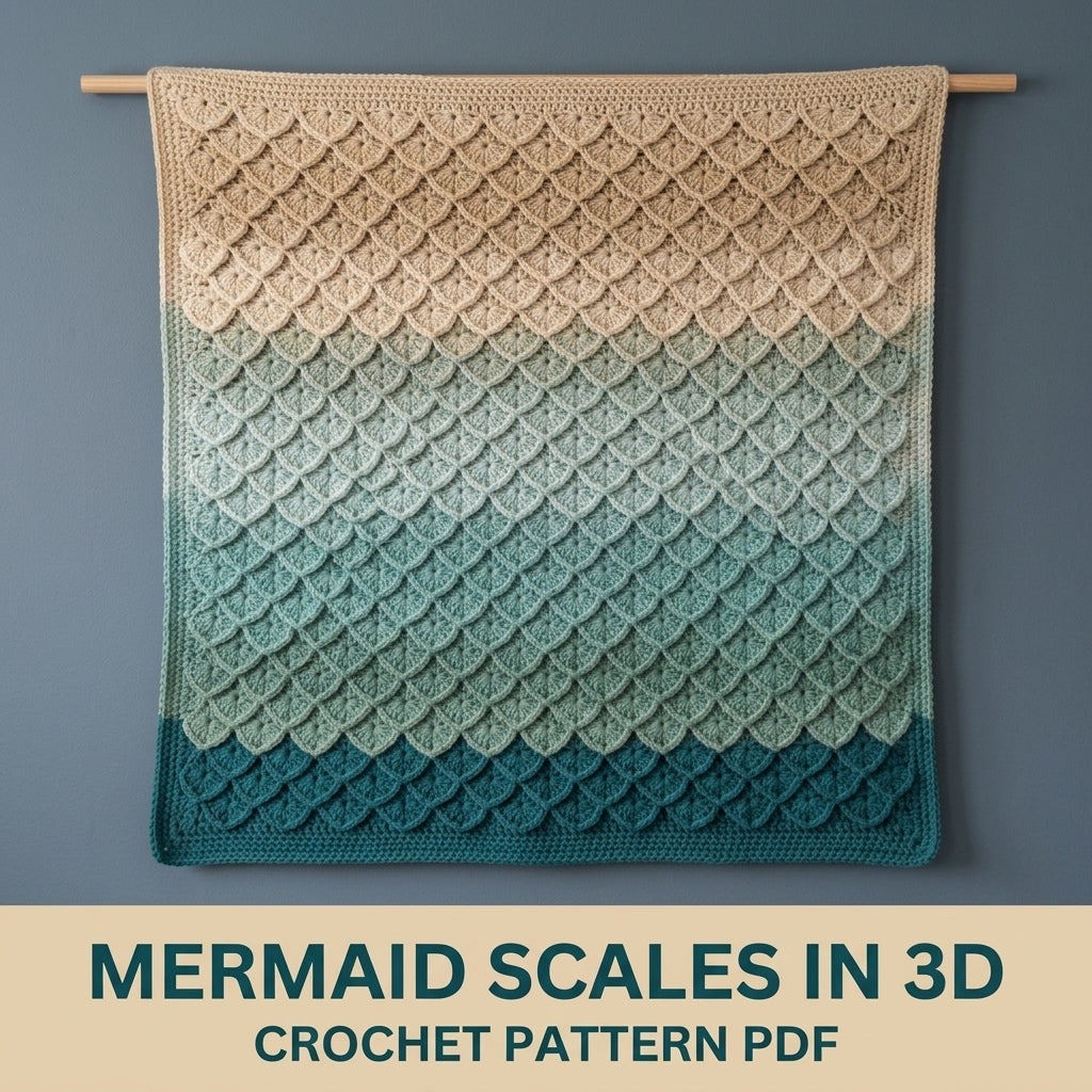 Mermaid Scale Crochet Blanket Pattern PDF – Textured 3D Scales Throw in Teal and Sand