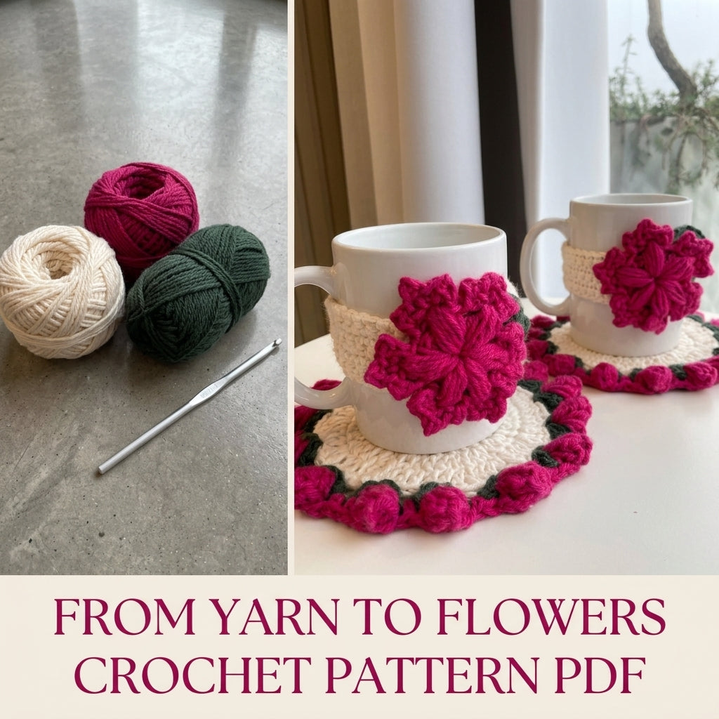 Pink Flower Mug Cozy and Coaster Set Crochet Pattern PDF – Mug Rug Set
