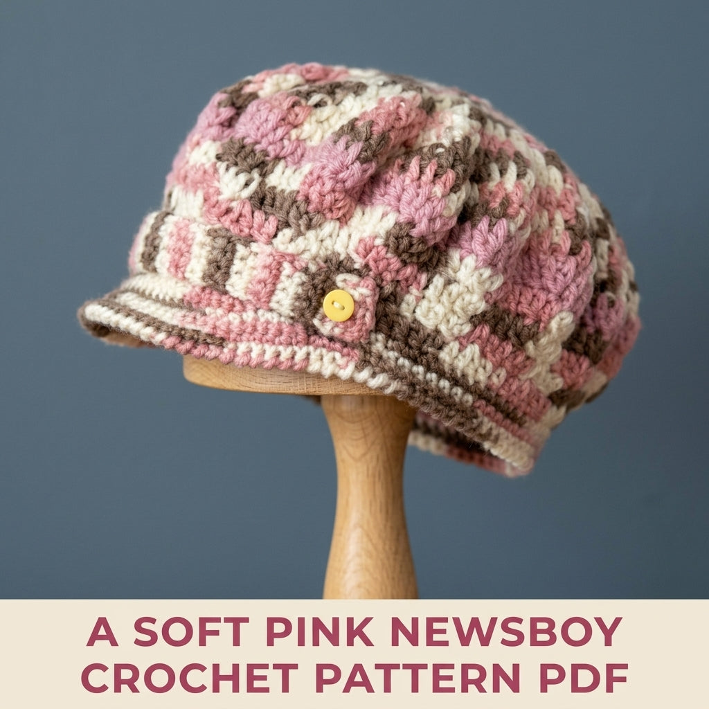 Newsboy Cap Crochet Pattern PDF – Slouchy Brimmed Hat with Button Tab